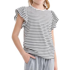 Girls Summer Shirts Kids Striped Ruffle Sleeve T Shirts Crew Neck Casual Tops Cute Short Sleeve Tees