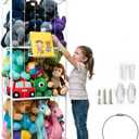 Stuffed Animal Storage Cage with Wheels & Front Basket Large Metal Tube Organizer for Plush Toys, Playroom or Nursery Space-Saving, Durable & Stylish Includes Wall-Mount Option