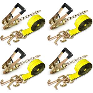4PCs Towing Recovery Winch Strap w/RTJ Cluster Hook 2" x12', with 4PCs Ratchet Chain Tail, 10000LBS Recovery Towing Truck Straps, Towing Truck Car Trailer Winch Wrecker Tie Down Straps
