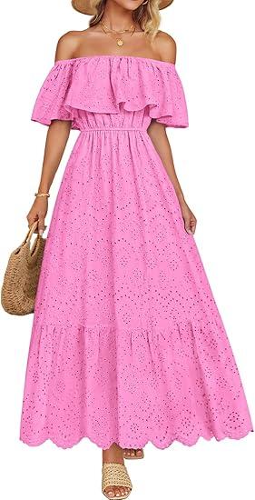ZESICA Women's 2025 Summer Off Shoulder Ruffle Midi Dress Short Sleeve High Waist Hollow Out Embroidery Party Dresses, Medium