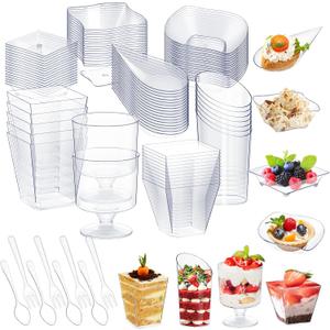 80 Pcs Mini Appetizer Plates Dessert Cups Spoons Forks Set Dessert Containers Assorted Shape Plastic Parfait Cups Disposable Spoon Forks for Party Serving (Clear)