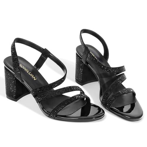 RONILURN Heels For Women Heeled Sandals High Chunky Heels Strappy Open Toe Rhinestone Round Toe Comfortable Sparkly Dress Wedding Shoes Bridal Prom, 8
