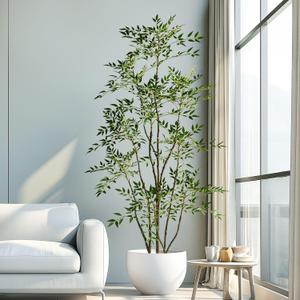 7.2ft Faux Bamboo Tree Artificial Nandina Tree Artificial Indoor Plants Realistic Fake Potted Tree with 800+ Leaves, Cement Planter - Home Office Decor Perfect for Housewarming Gift Non-Toxic