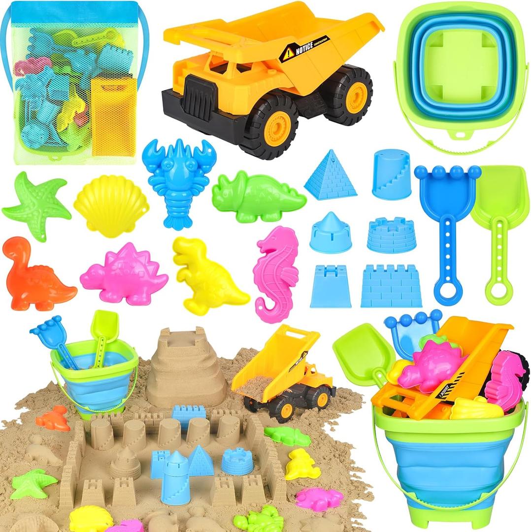 Beach Toys, Sand Toys for Kids Boys and Girls with Dump Truck, Collapsible Bucket, Sand Castle Building kit, Sand Molds, Mesh Bag, Outdoor Toys for Kids Ages 4-8