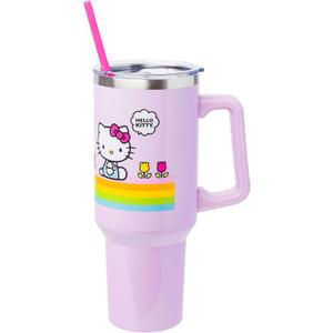 Silver Buffalo Sanrio Hello Kitty Spring and Summer Flowers Rainbow Stripes Stainless Steel Tumbler with Handle and Straw, Fits in Standard Cup Holder, 40 Ounces