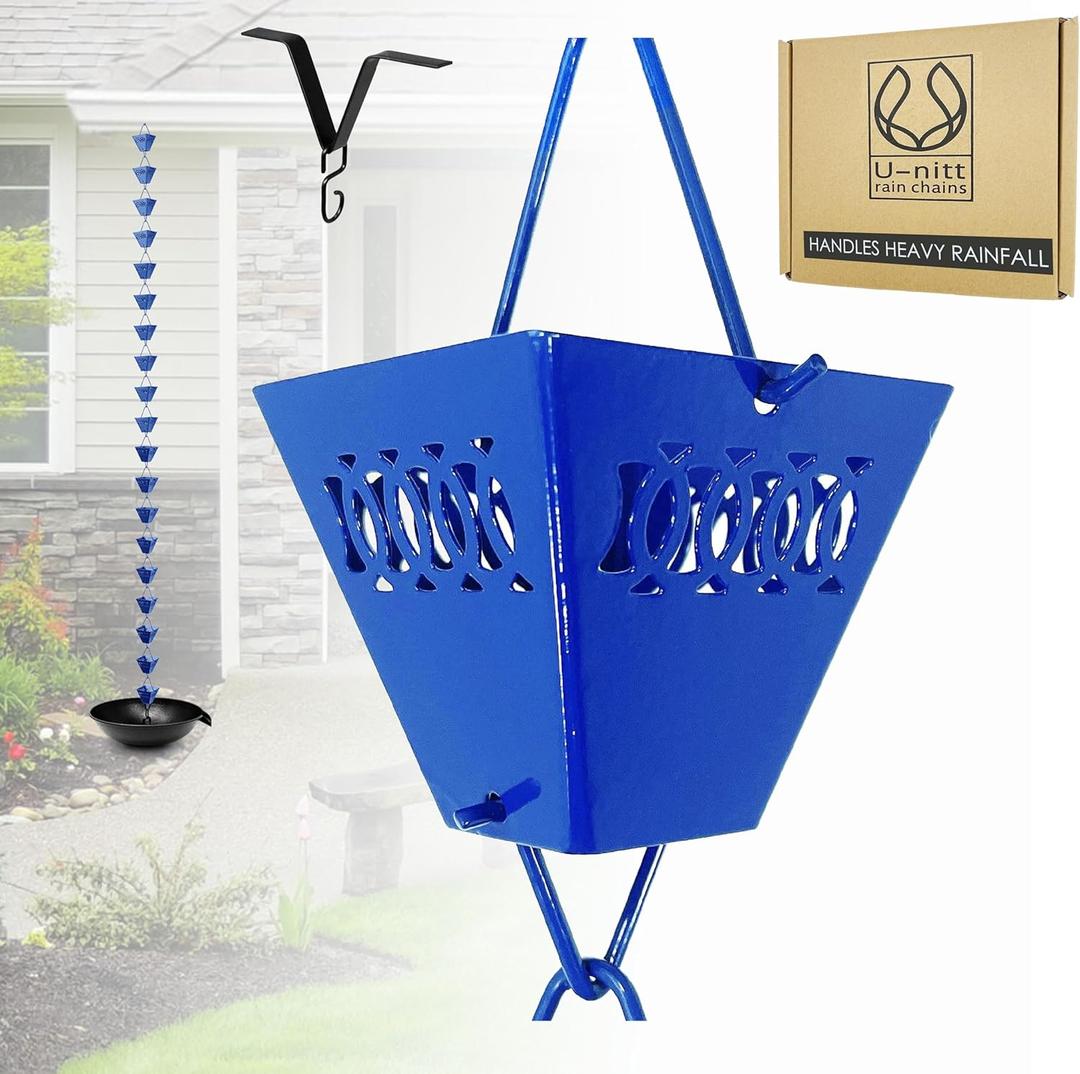 U-nitt Rain Chain Water Collection for Gutters Rainwater Catcher & Diverter, 8.5 FT Chains for Outside Garden, Blue Square Cups, Roof Downspout, Works with Heavy Rain, w/Gutter Clip for Rainchains