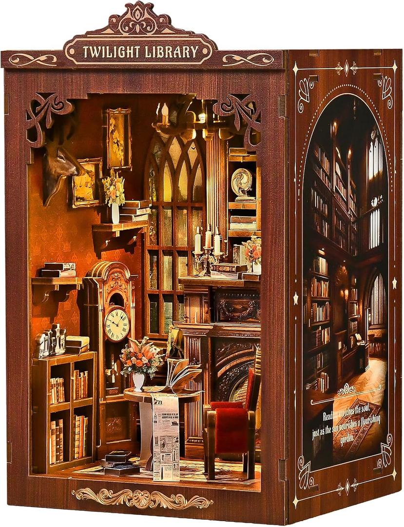 KERNOWO Book Nook Kit, DIY 3D Wooden Puzzles for Adults, Teens and Beginners, Miniature Tiny House Kit for Bookshelf Decor, Bookish Gift for Family, Friends, Book Lovers (Library)