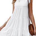 KIRUNDO Women's Summer Dresses Sleeveless Ruffle Sleeve Round Neck Solid Loose Short Flowy Pleated Mini Babydoll Dress,  Color: White, Size: Small