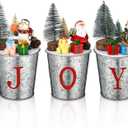 3 Pcs Christmas Joy Table Decorations Vintage Tin Buckets Small Xmas Tree Indoor Mini Artificial Trees Plants with Santa Snowman Desk Decor for Tabletop Centerpiece Office, 7.08 x 3.93 Inch