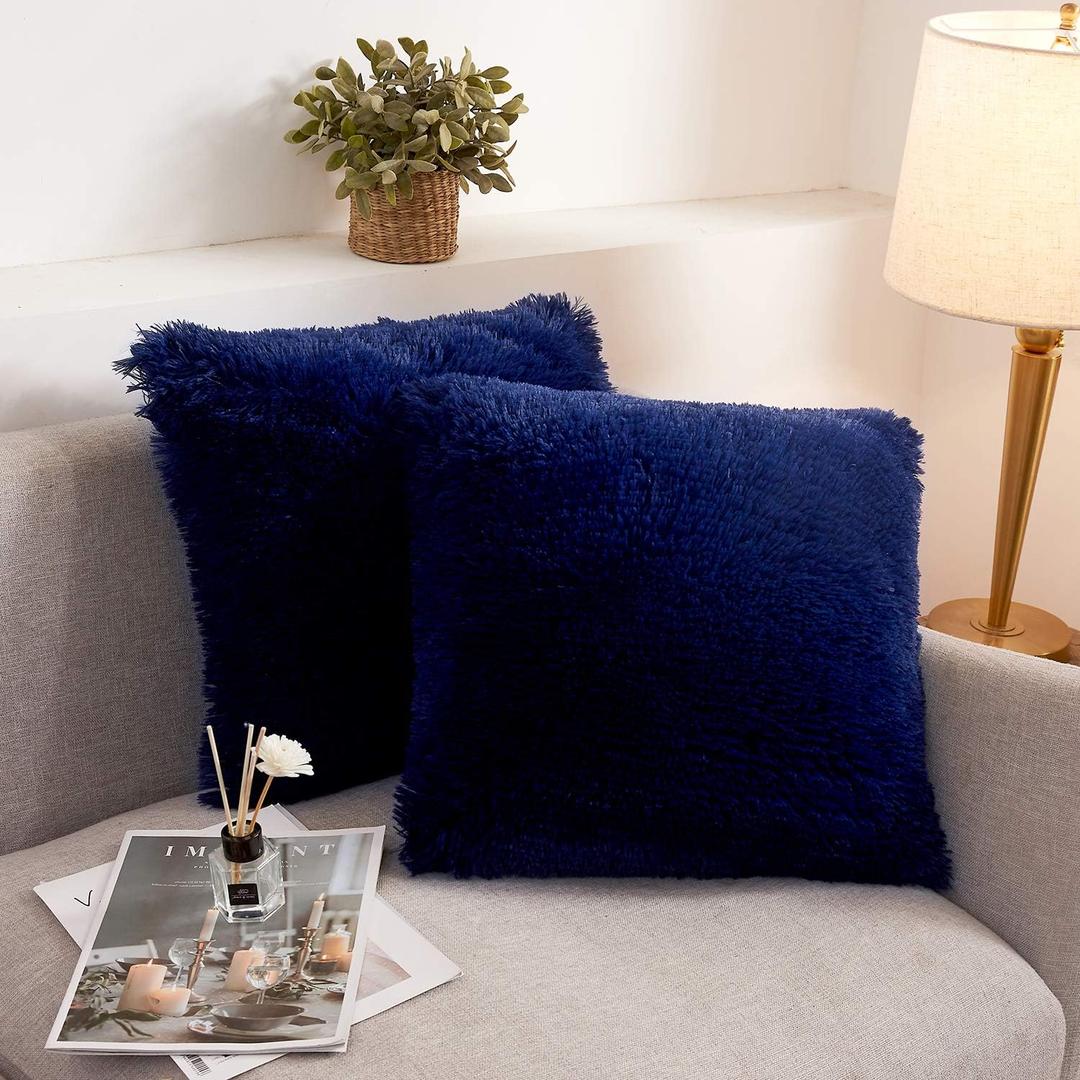 XeGe Faux Fur Throw Pillow Covers, Shaggy Fluffy Cushion Covers, Plush Furry Pillow Cases, Fuzzy Decorative Pillow Shams with Zipper Set of 2 for Sofa Bed Couch Living Room (18''x18'', Navy Blue)