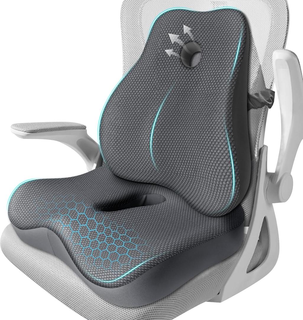 Seat Cushion,Lumbar Support Pillow for Office Chair,Memory Foam Coccyx Seat Cushion,Ergonomic Mesh Back Support Pillow,Office Desk Chair Cushion for Sciatica,Back&Tailbone Pain Relief,Grey