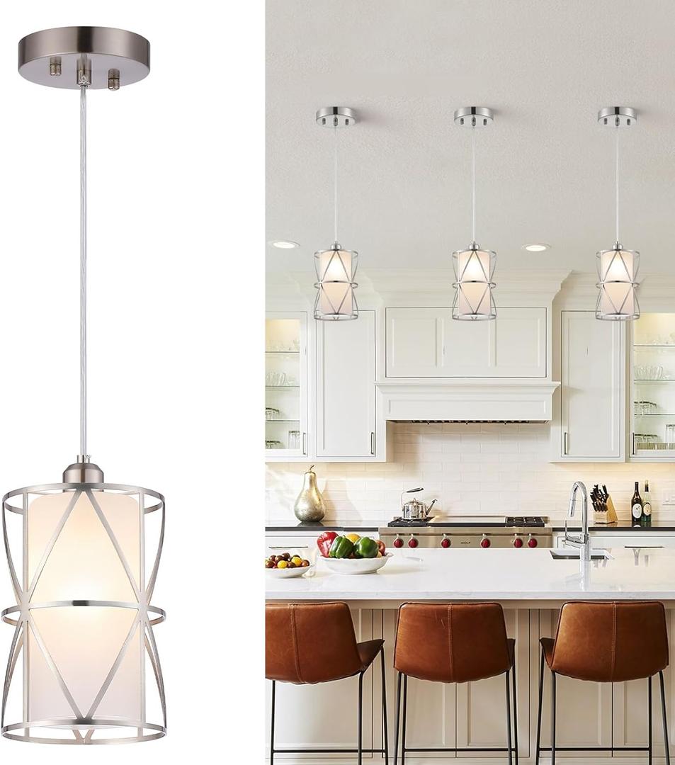 Pendant Light with Frosted Glass, Modern Pendant Lights Kitchen Island, Brushed Nickel Pendant Light Fixtures, Cylindrical Pendant Lighting for Kitchen Island, Dining Room, Foyer