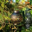 EXCMARK 2 Pack Outdoor Solar Hanging Lantern Lights Metal LED Decorative Lamp for Garden Patio Courtyard Lawn and Table with Hollowed-Out Design (Black)