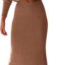 PRETTYGARDEN Women's Spring Fall 2 Piece Sweater Set Rib Knit Long Sleeve Crop Top Maxi Bodycon Skirt Casual Winter Outfits (Brown, Small)