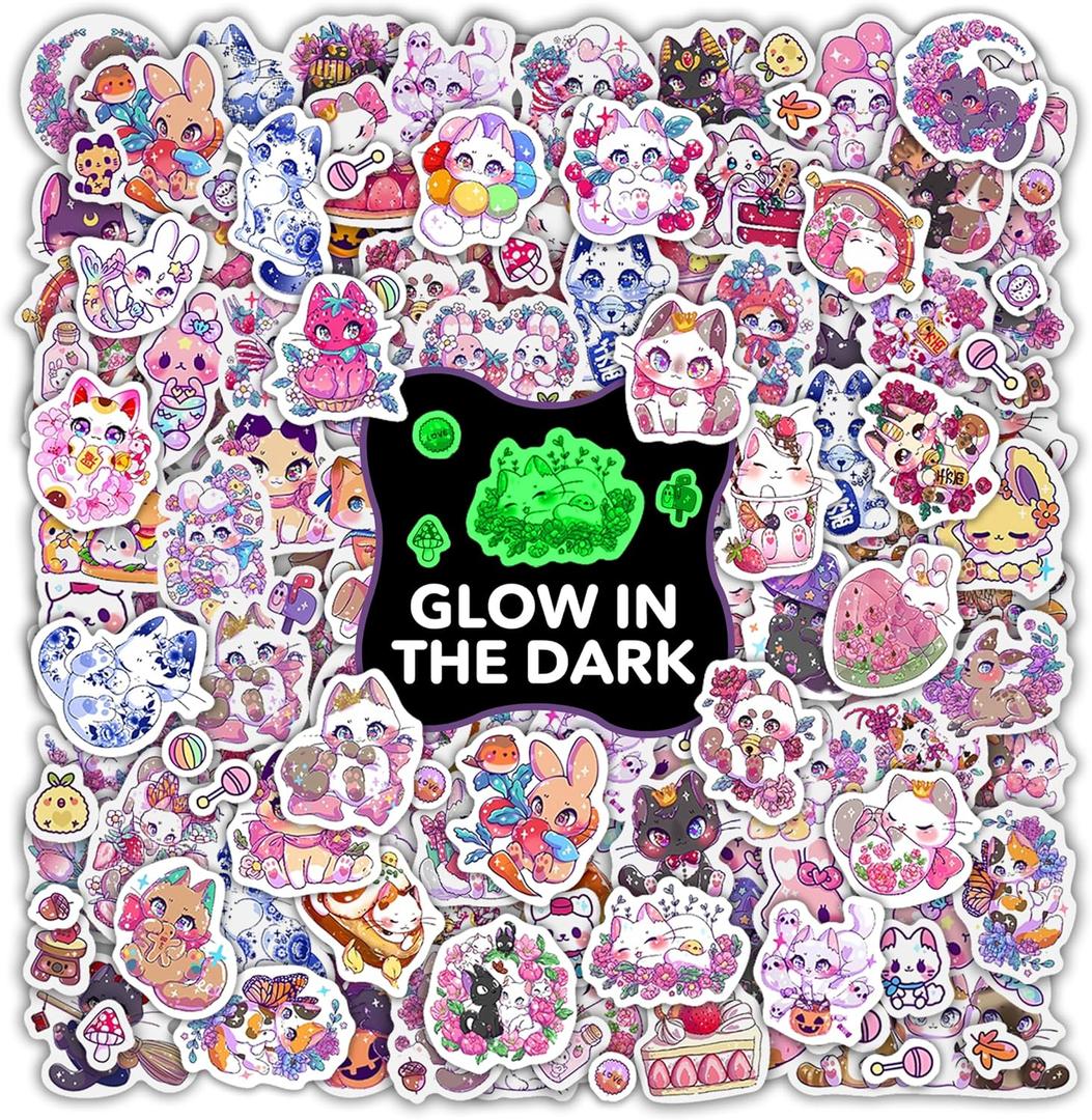 Cute Cats Water Bottle Stickers for Kids Glow in The Dark, 140 PCS Vinyl Waterproof Kitty Stickers Pack for Laptop Skateboard Phone Case, Cute Kittens Decals for Teens (Luminescent-001ksch)