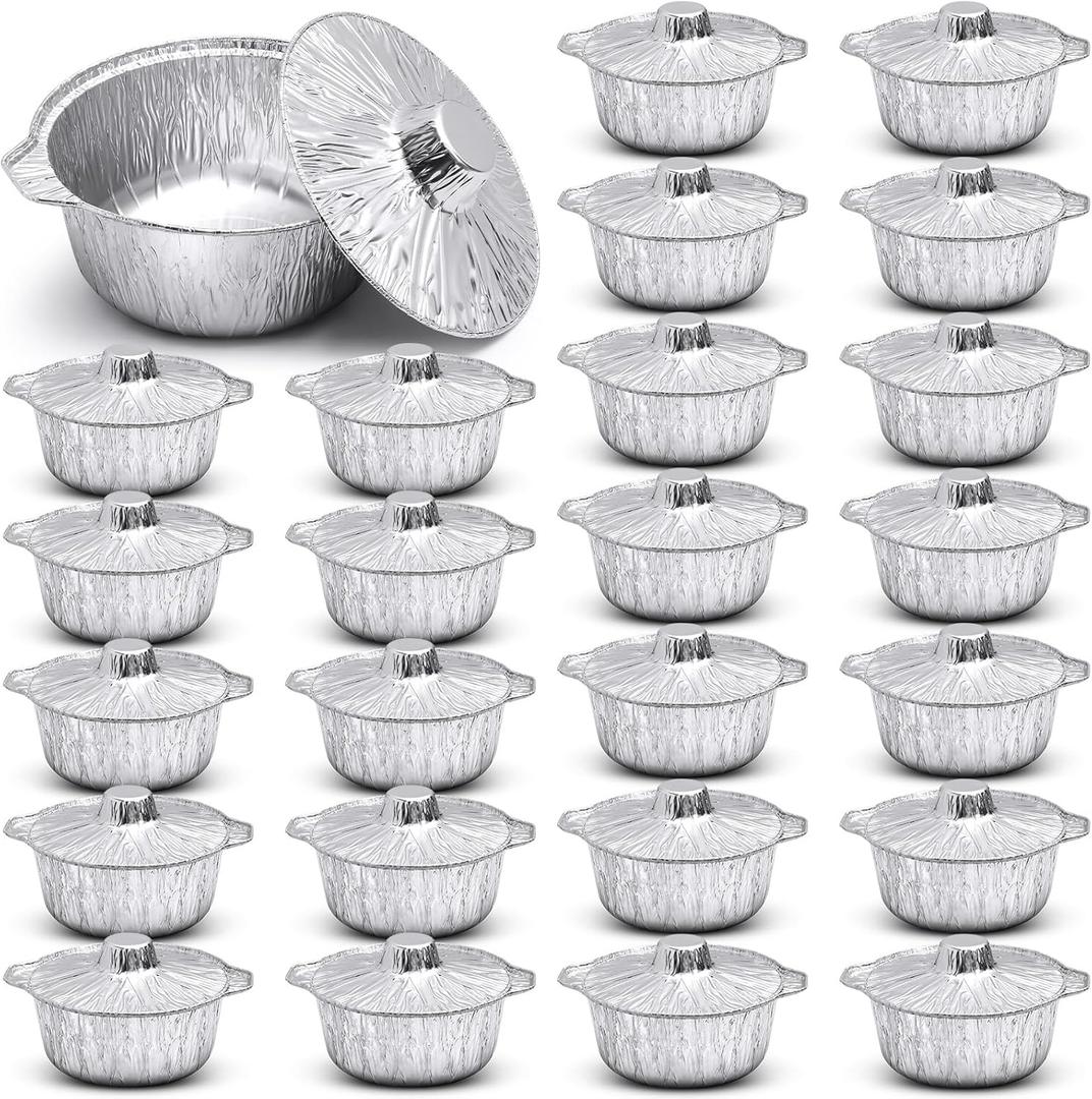 24 Disposable Aluminum Pot with Lid Round Foil Pans Disposable Cookware Food Container for Vacation Trips Camping Baking Heating Cooking (33.8 oz)