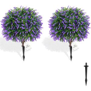 Artificial Topiary Ball Trees with Lavender, 2 Pack Artificial Shrubs Bushes with Ground Spike, Fake Plants for Outdoor Front Porch Decor UV Resistant