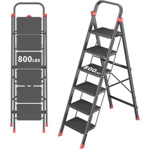 DIAMONDFORGE 6-Step Foldable Step Ladder Stool with Handle, Anti-Slip Wide Pedals & Feet, 800lbs Capacity, Sturdy Stepstool Folding for Adults in Home & Kitchen Use - Black Red