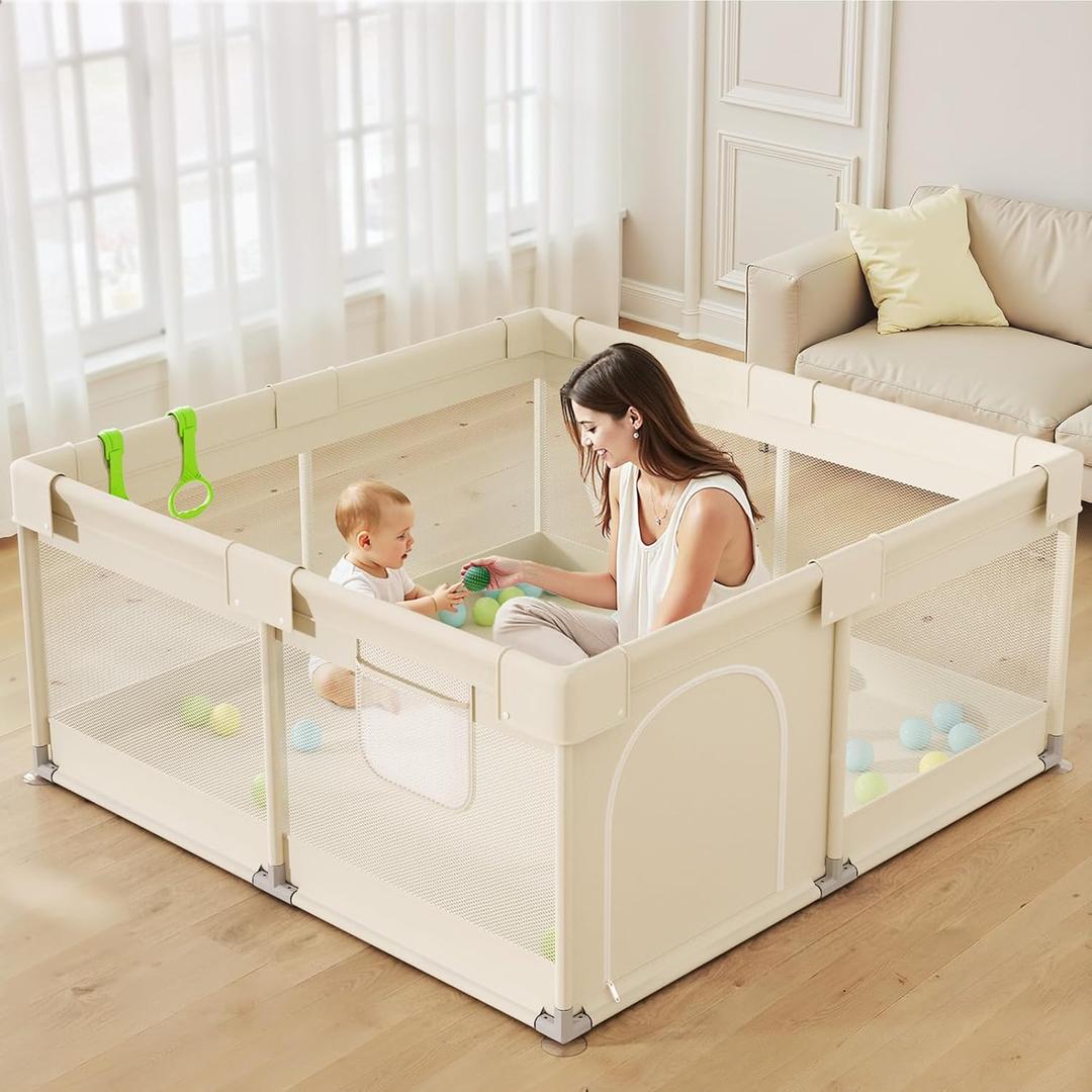 Uanlauo Beige Small Baby Playpen - 47x47in Playpen for Babies and Toddlers, Safe Indoor Play Pen, Baby Pen with Storage Bag and Breathable Mesh