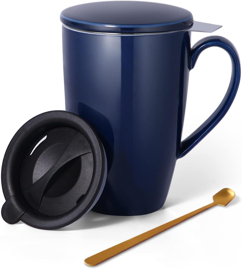 YumKubis Tea Cup with Infuser and Lid, 17 oz Large Tea Infuser Mug with 2 Lids, Ceramic Teacups for Women, Men, Kids, Loose Leaf, Gifts