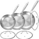 LOLYKITCH 8.5-10-12 Inch Tri-Ply Stainless Steel Frying Pan Set with Lids,Skillets,Induction Cooking Pans,Pots and Pans Set,Dishwasher and Oven Safe.