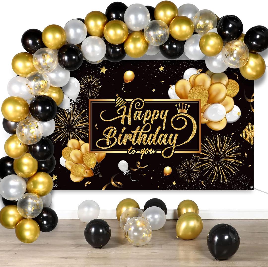 Tatuo Black and Gold Birthday Party Decorations 50 Pieces Gold Black Balloon Arch Garland Kit Happy Birthday Backdrop Banner Decorations for Kids Men Women Party Supplies Decor