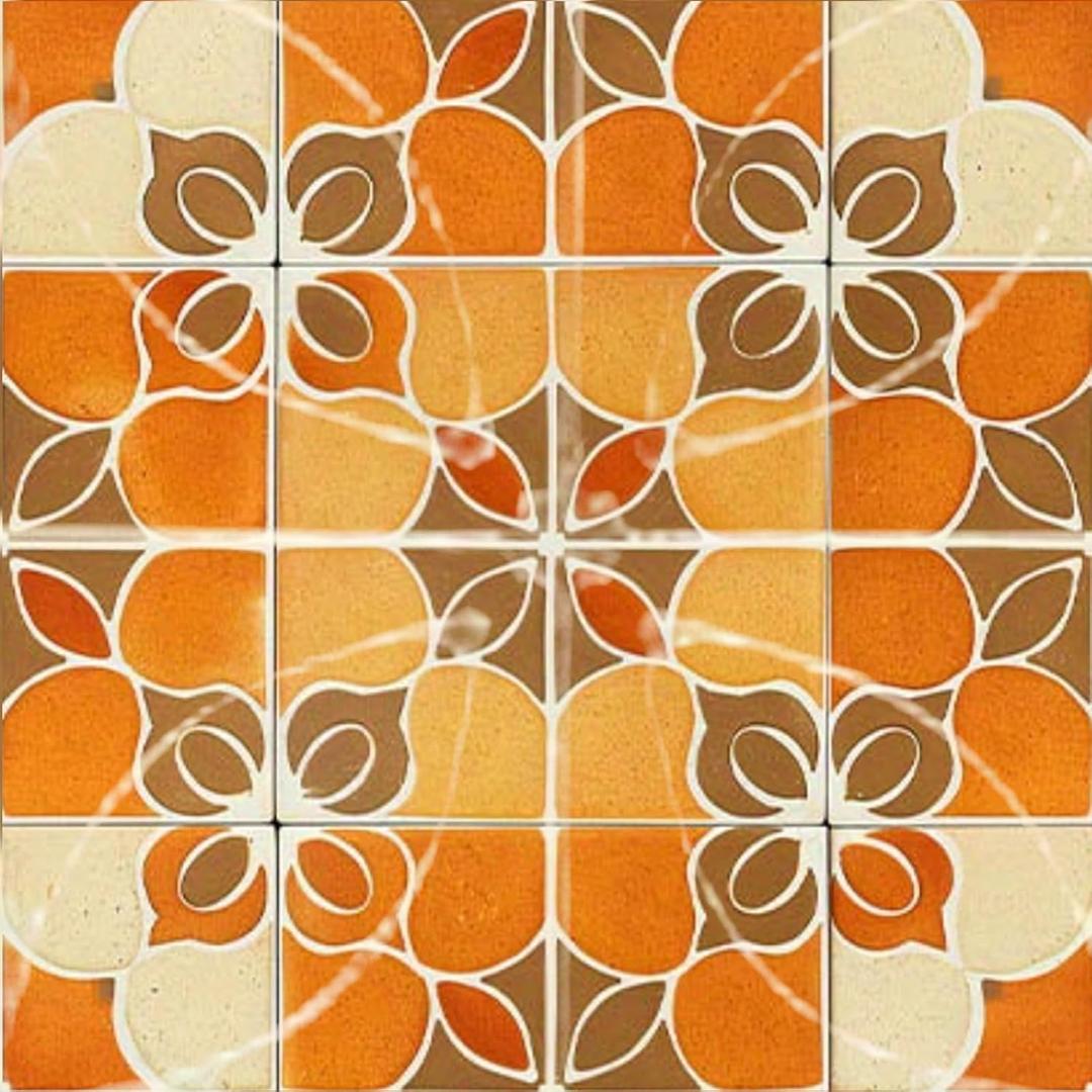 IVN 10PCS 12x12 Inch Orange Brown Retro Floral Geometric Design Floor Tiles Peel and Stick Removable Self Adhesive DIY Vinyl Flooring Stickers for Kitchen Bathroom Living Room Entryway Home Decor (Tangerine Petal Grid Tiles)