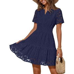 MEROKEETY Women's Summer Lace Boho Mini Dress 2026 Short Sleeve Floral Eyelet A Line Vacation Beach Short Sundress, L