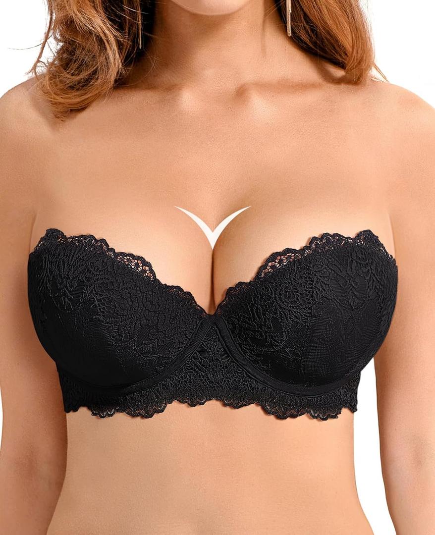 Women's Strapless Push Up Bra Convertible Multiway Lace Padded Underwire Bras with Clear Straps (34B, Black)