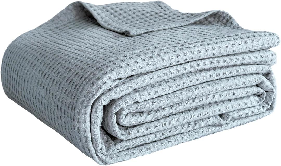 QKTE 100% Cotton Waffle Weave Blanket King Size, Soft Lightweight Breathable Cozy Blankets for Bed Couch Home Décor All-Season Use (Dusty Blue, 104"x90")