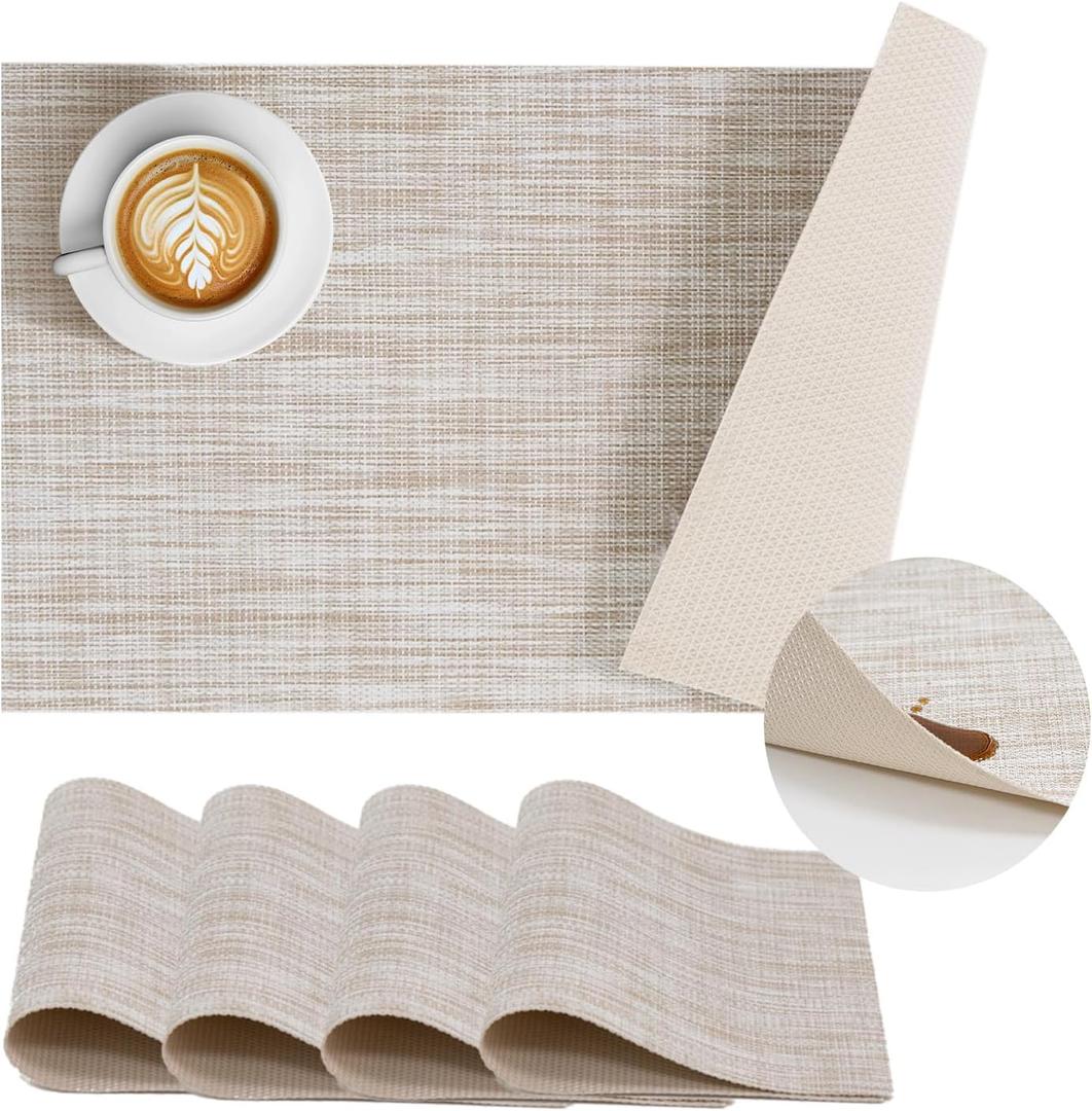 BACKTOEDEN Leakproof Placemats Set of 4, 2-Layer Waterproof placemat for No More Stains, Heat-Resistant Easy Clean Vinyl Table Place Mats for Kitchen Dining Indoor Outdoor, Beige, 17.72x11.81in