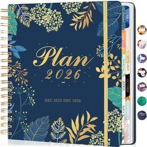 CAGIE 2026 Planner Weekly and Monthly, Jan-Dec 2026 8.3 x 9.3 Inch Hardcover Spiral Bound, 13 Tabs and Pocket, Floral Daily Planner for Women, Perfect 2026 Yearly Calendar Planner