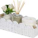 CubesLand Scalloped Edge Toilet Paper Storage Basket, Living Room Home Cozy Decor Basket, Paper Rope Small Baskets for Over Toilet Storage Shelf, End Table, Shelves, with 2 Wooden Handles, White
