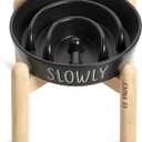 Ceramic Slow Feeder Bowl Elevated - 1.5 Cup with Wood Stand for Small & Medium Breed, Anti-Gulping, Black