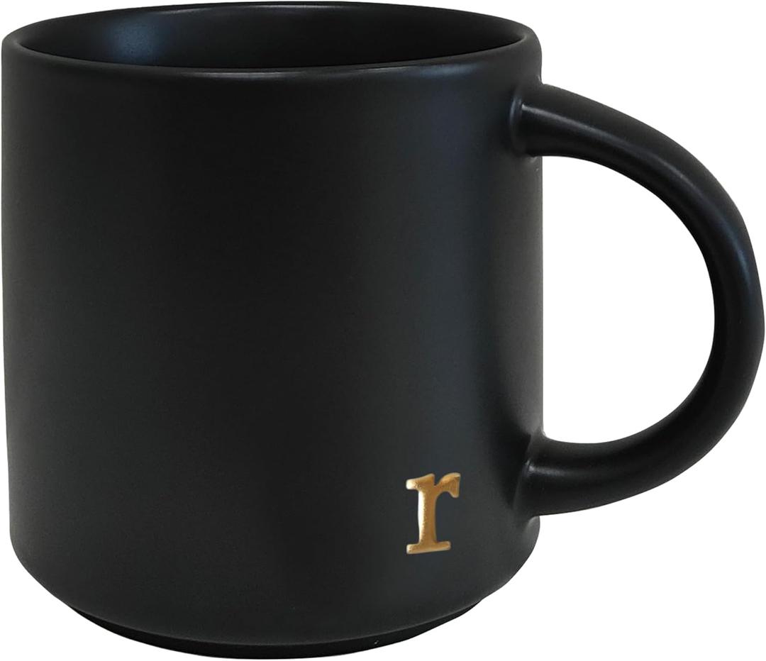 COLLECTIVE HOME - Black Monogram Ceramic Mugs, 15 oz Golden Initial Coffee Cups, Elegant Alphabet Tea Mugs, Personalized Halloween Mug with Gift Box, Perfect for Office and Home Dcor (r)