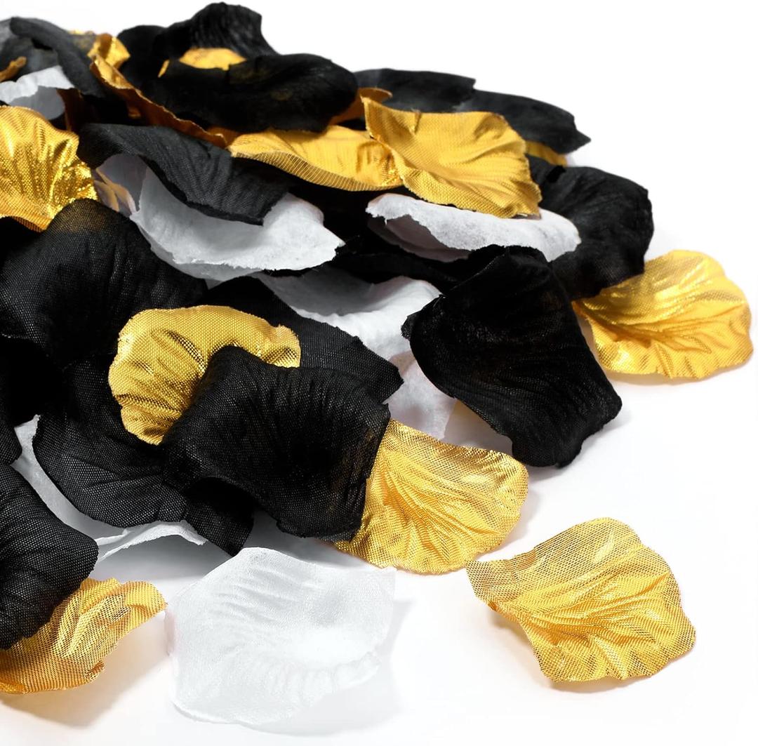 Syhood 1,600 Pcs Artificial Fake Rose Flower Petals Decoration Flower Centerpieces for Valentines Day Tables Weddings Graduation Party Decor Supplies(Gold, White, Black) (Gold, White, Black)