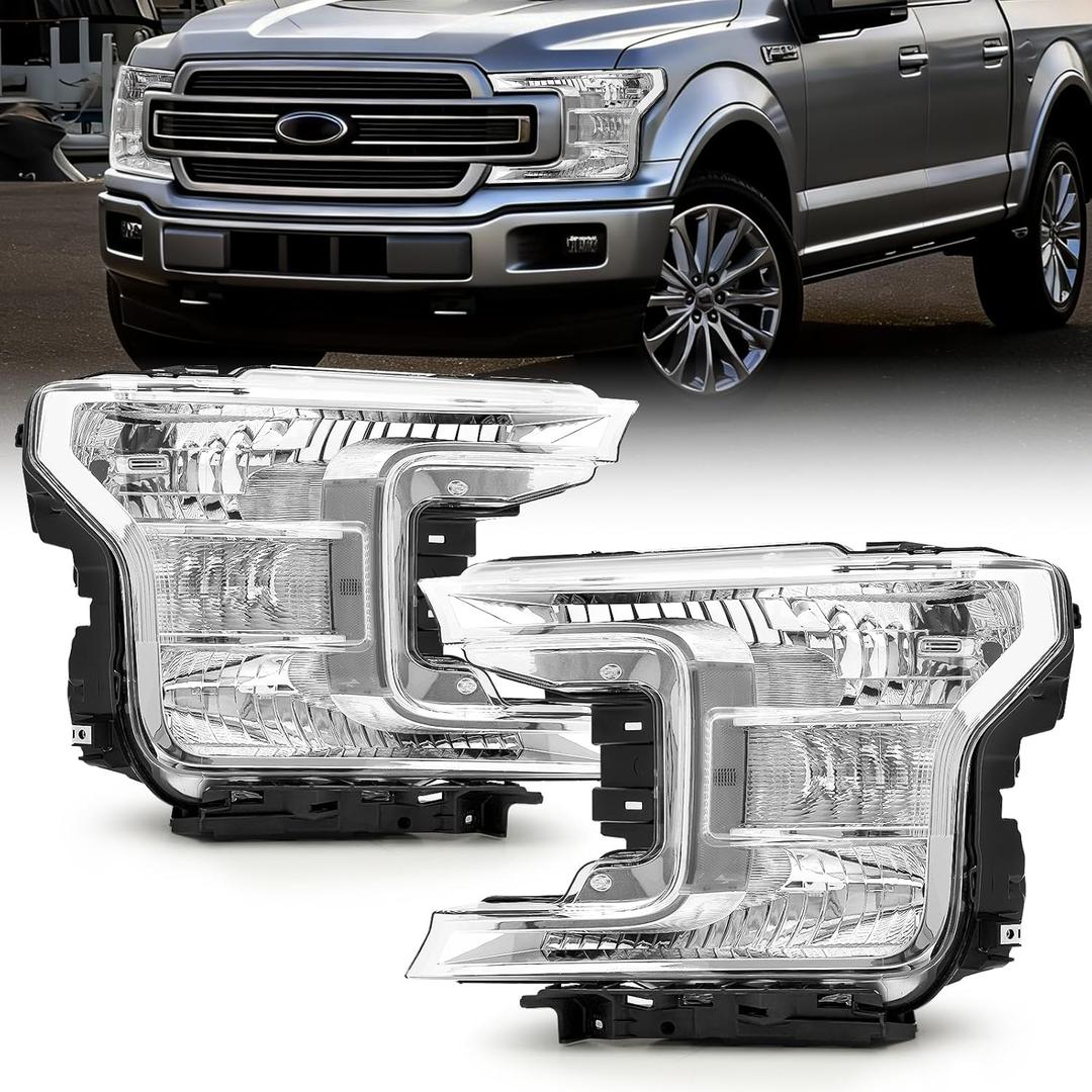 JFN Headlights Compatible with 2018-2020 Ford F-150 Driver and Passenger Side (Chrome Housing with Clear Reflector)