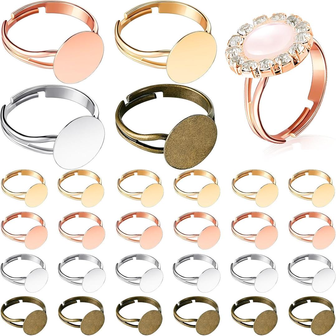 Herdear 40 Pieces Blank Ring Plated 12 mm DIY Adjustable Flat Blank Ring Base Jewelry Making Supplies(Silver, Gold, Rose Gold, Antique Bronze)