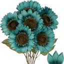 Large Silk Sunflowers Artificial Flowers 26" Long Stem Artificial Sunflower 6PCS Faux Vintage Fall Sunflowers Bouquet Bulk for Home Wedding Birthday Party Centerpieces Decorations (Peacock Blue)