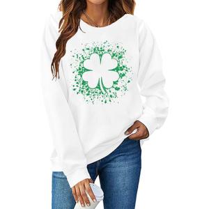 Women St. Patricks Sweatshirts Shamrock Shirts Lucky Clover Graphic Tees Irish Gift Pullover Long Sleeve Tops (White, L)