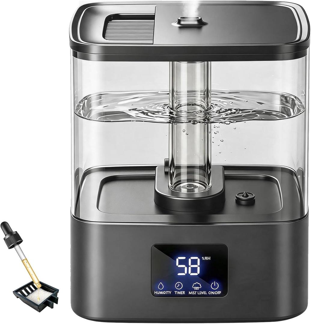 KZF 4L Top Fill Humidifiers for Bedroom & 60H Runtime - Cool Mist Humidifier, 3 Mist Levels, 8H Timer, Essential Oil Tray, Humidity Display, Quiet for Bedroom, Baby, Plants, Large Room (Black, 6L)