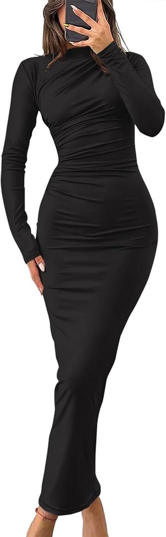 ZESICA Women's Spring Long Sleeve Bodycon Maxi Dresses Sexy Ruched Crew Neck Slim Fit Cocktail Party Dress (Medium, Black)