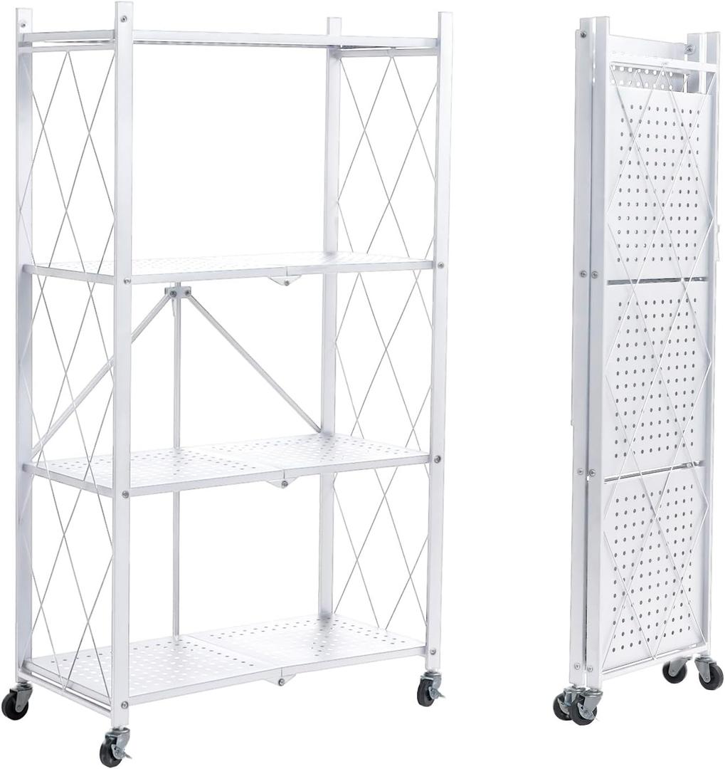 BRIAN & DANY 4-Shelf Foldable Storage Shelves with Wheels, Folding Metal Rack Shelving Unit, Heavy Duty No Assembly Organizer Shelf for Garage, Kitchen, Pantry, White