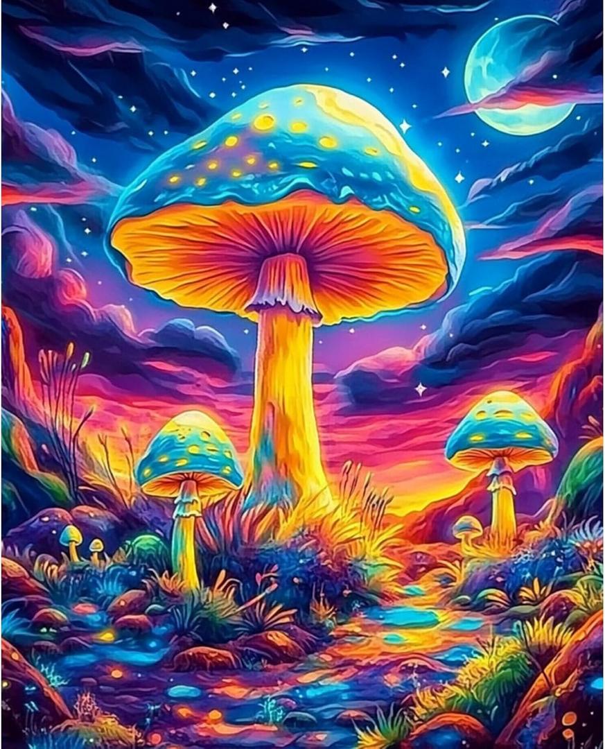 obterie Mushroom Paint by Numbers Kit for Adults Beginner Trippy Oil Painting Kit Adult Paint by Number Kits on Canvas DIY Painting for Beginners Art by Numbers for Gifts Home Wall Decor 16x20 Inch (YF024)
