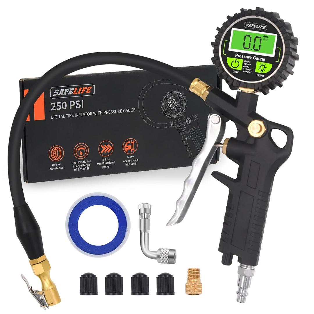SAFELIFE Digital Tire Pressure Gauge with Inflator, 250 PSI Air Chuck with Pressure Gauge and Air Compressor Tire Inflator Attachment Include Quick Connect Coupler, 0.1 Display Resolution