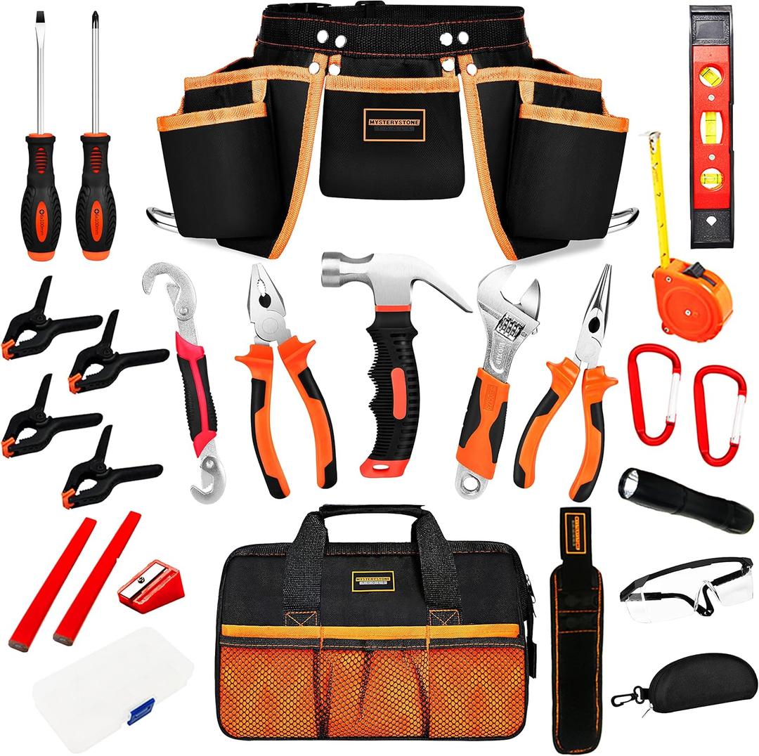 25 Pieces Kids Real Tool Kit Children Real Tool Set with Real Hand Tools, Kids Tool Belt, Pouch Bag, Magnetic Wristband for Small Hands DIY Woodworking Projects Home Repair