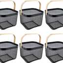 6 PCS Garden Harvest Basket, 10.2 x 10.2 x 7.1in Metal Mesh Picnic Baskets with Wooden Handle, Rectangle Hanging Basket Bin for Gathering Vegetables Fruit Cherry Tomatoes, Kitchen Cabinet (Black)