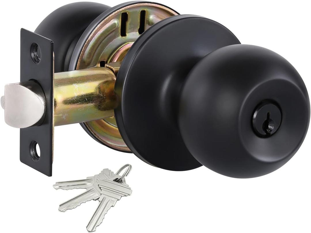 Lanwandeng Matte Black Door Knobs with Lock and Keys, Interior/Exterior Door Knob for Bedroom or Bathroom, Entry Door Lock (1 Pack)