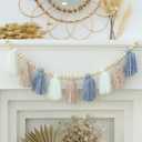 Boho Yarn Tassel Garland Banner with Wood Beads Blue and White Wall Hanging for Baby Shower Kids Bedroom Nursey Decor