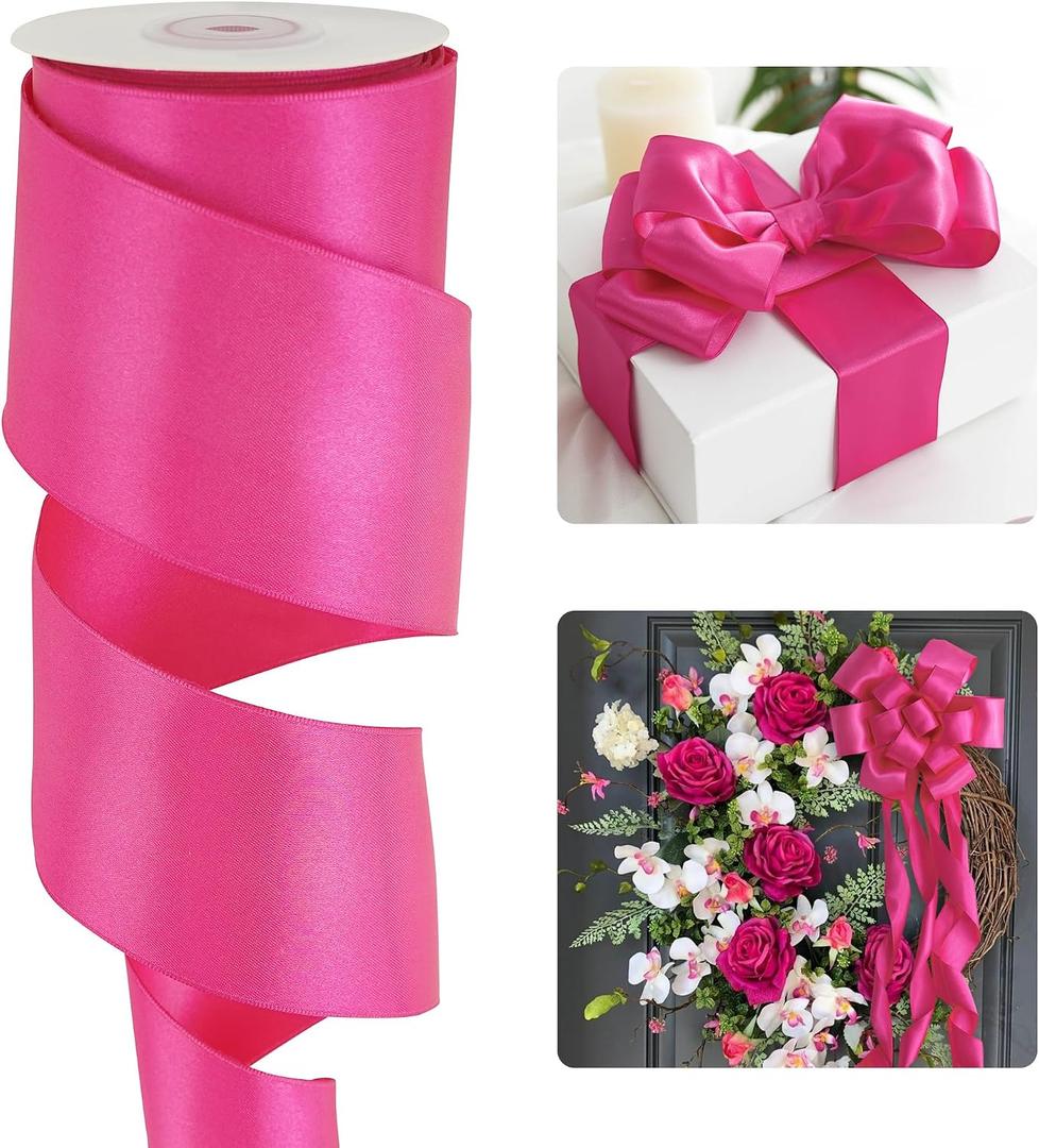 HUIHUANG Hot Pink Satin Wired Ribbon 2.5 inch Fuchsia Pink Wire Edge Ribbon for Wreaths, Bows Making, Gift Wrapping, Garland, Home Decor, Crafts, Christmas Tree Bows-Continous 10 Yards